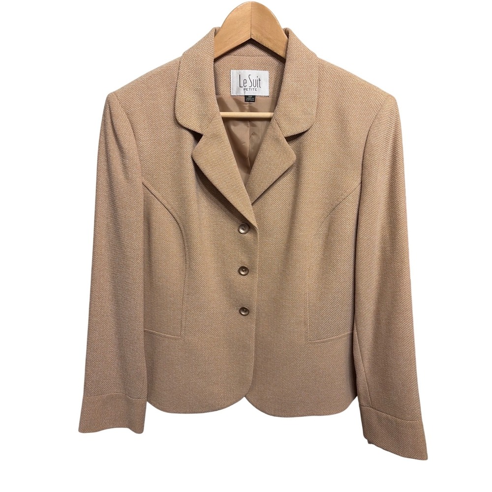 Le Suit Petite Blazer Women 14P Tan Textured 3-Button Professional Office Jacket